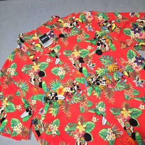 Disney Mickey Mouse Men Red Hawaiian Tropical Floral Button Down Shirt Large